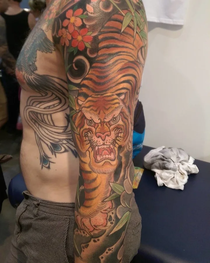 A colour tiger tattoo running down a shoulder and arm