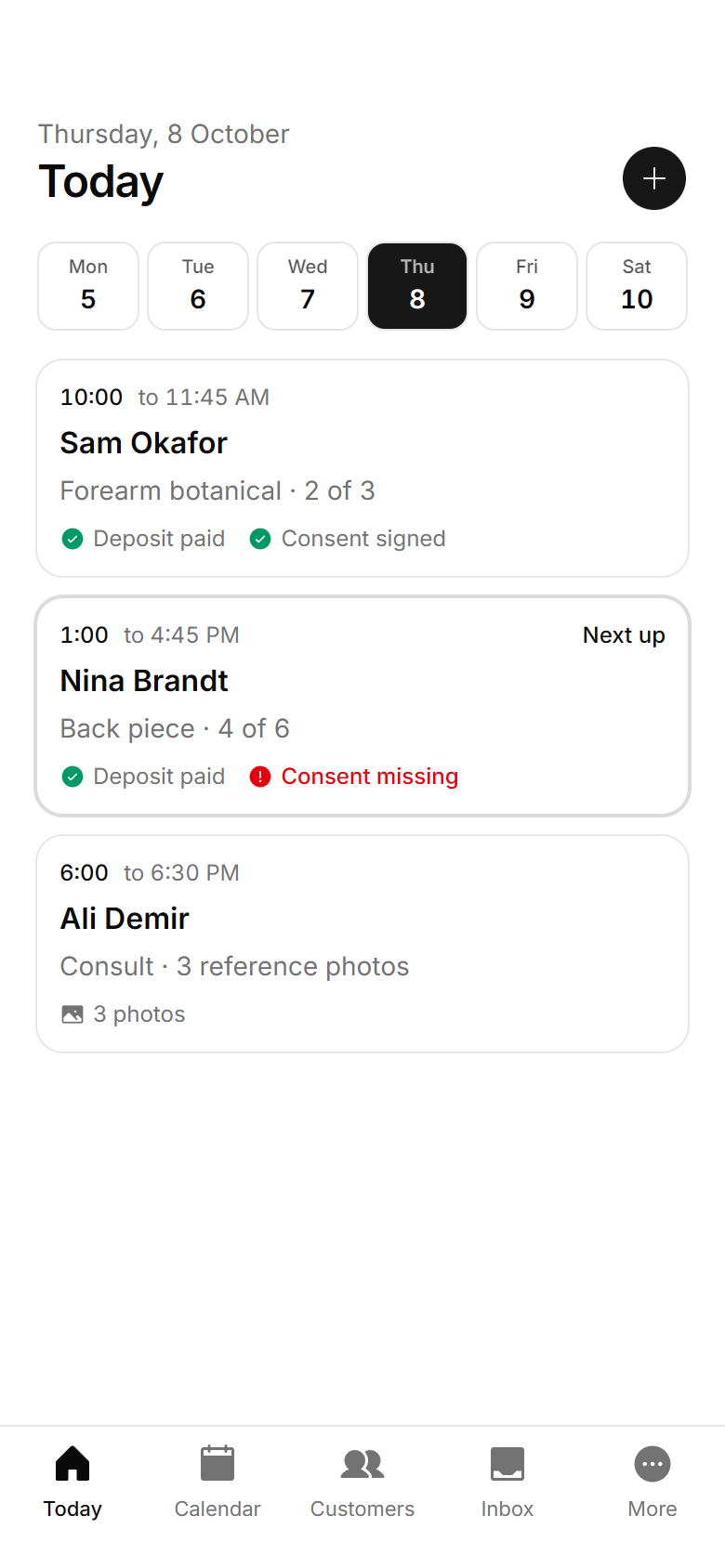 The Inkeva staff app showing today's bookings