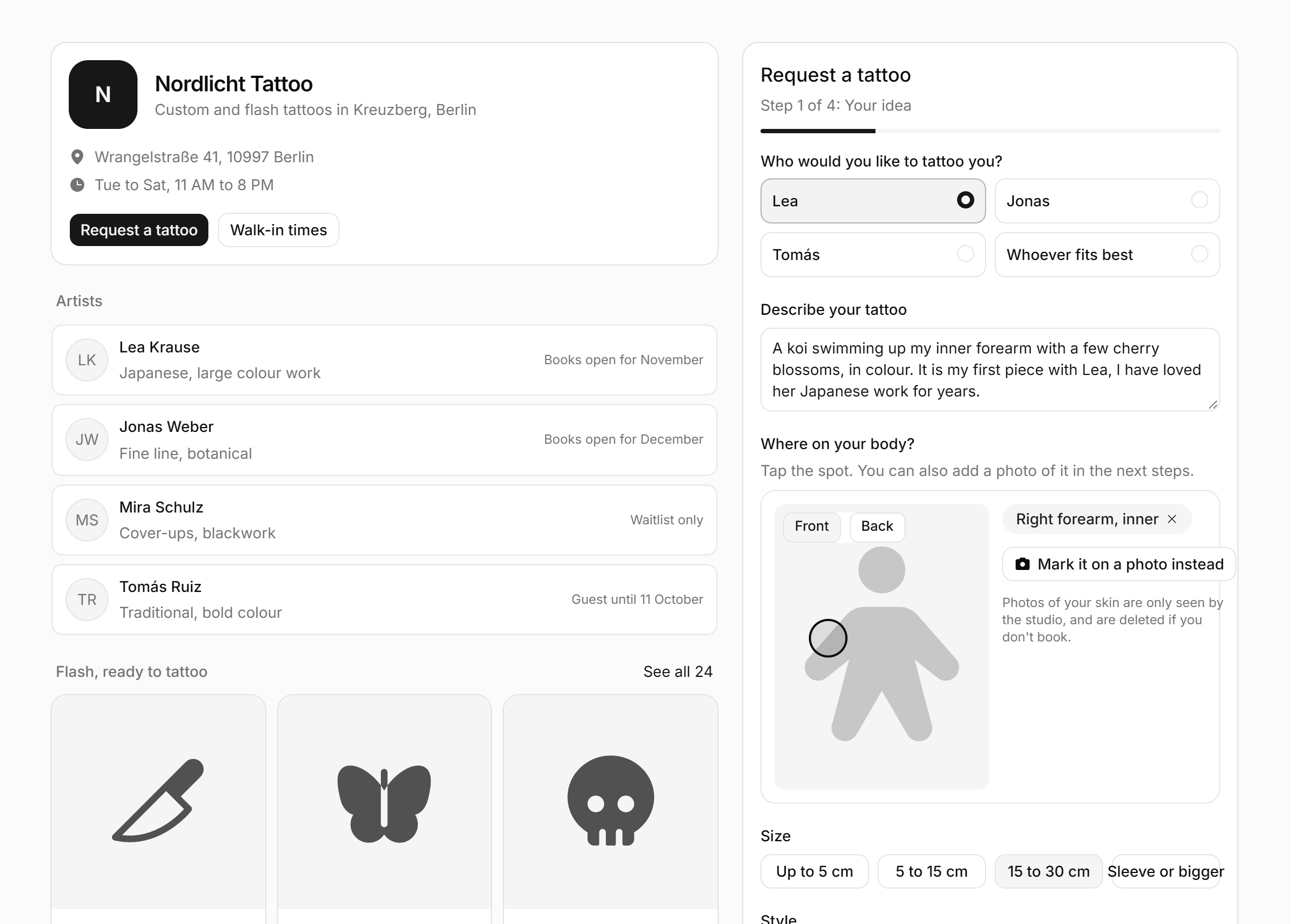 A studio's public booking page