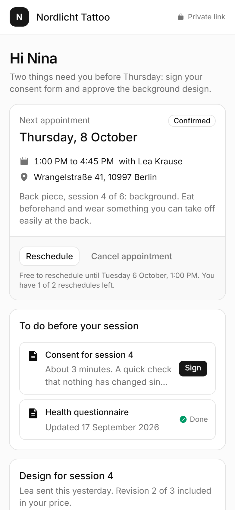 A client's private page with their next appointment