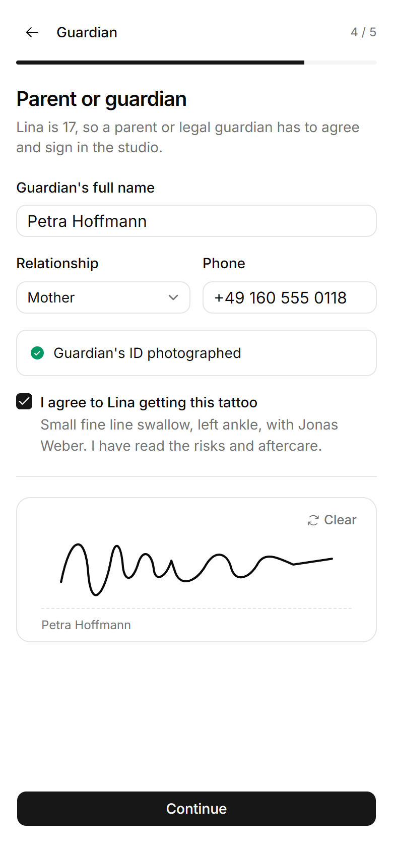 The guardian consent step on a phone
