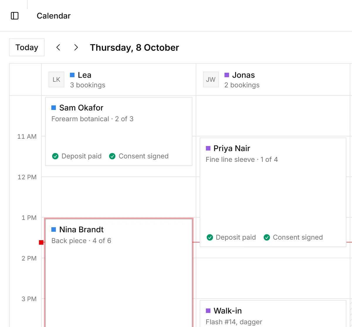The studio calendar for one day, one column per artist