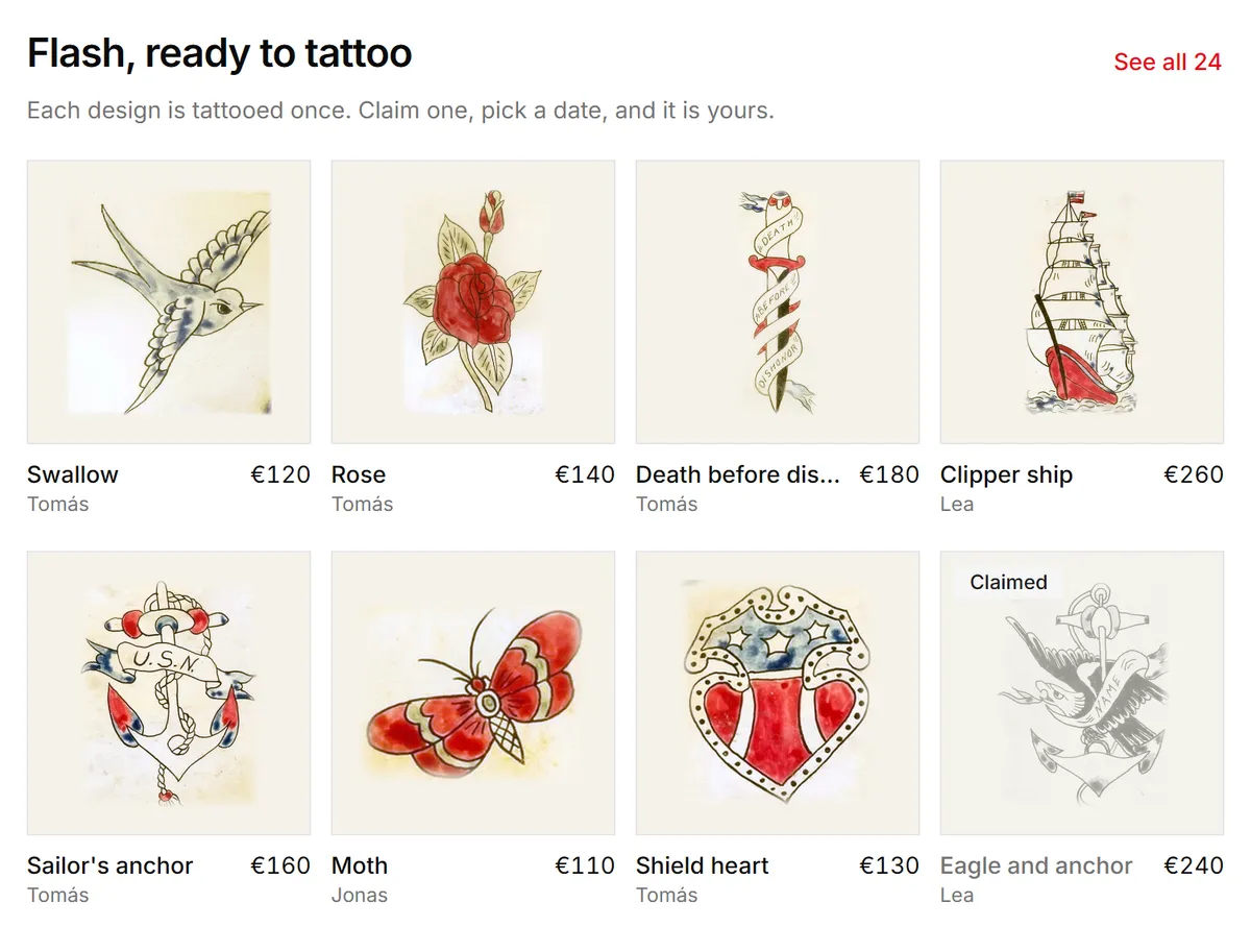 Eight flash designs with prices and artists, one marked as claimed